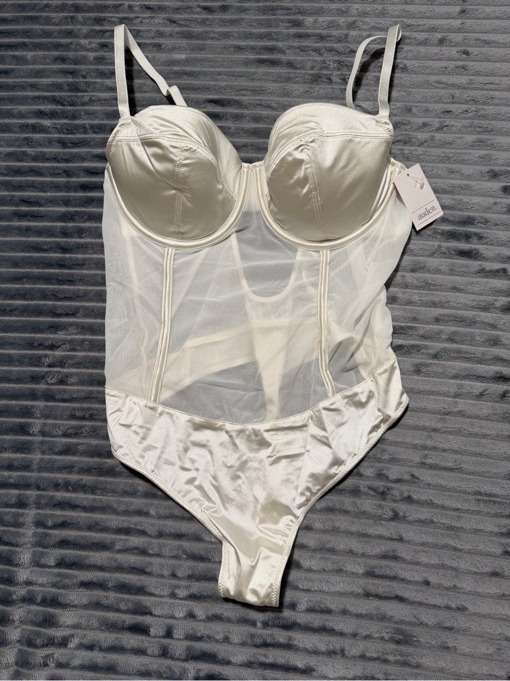 Auden Ivory Satin & Sheer Longline Underwire Bodysuit
